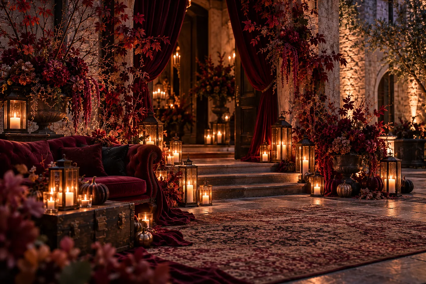 Coin salon en velours bordeaux entouré de lanternes, de malles anciennes et de compositions florales d'automne