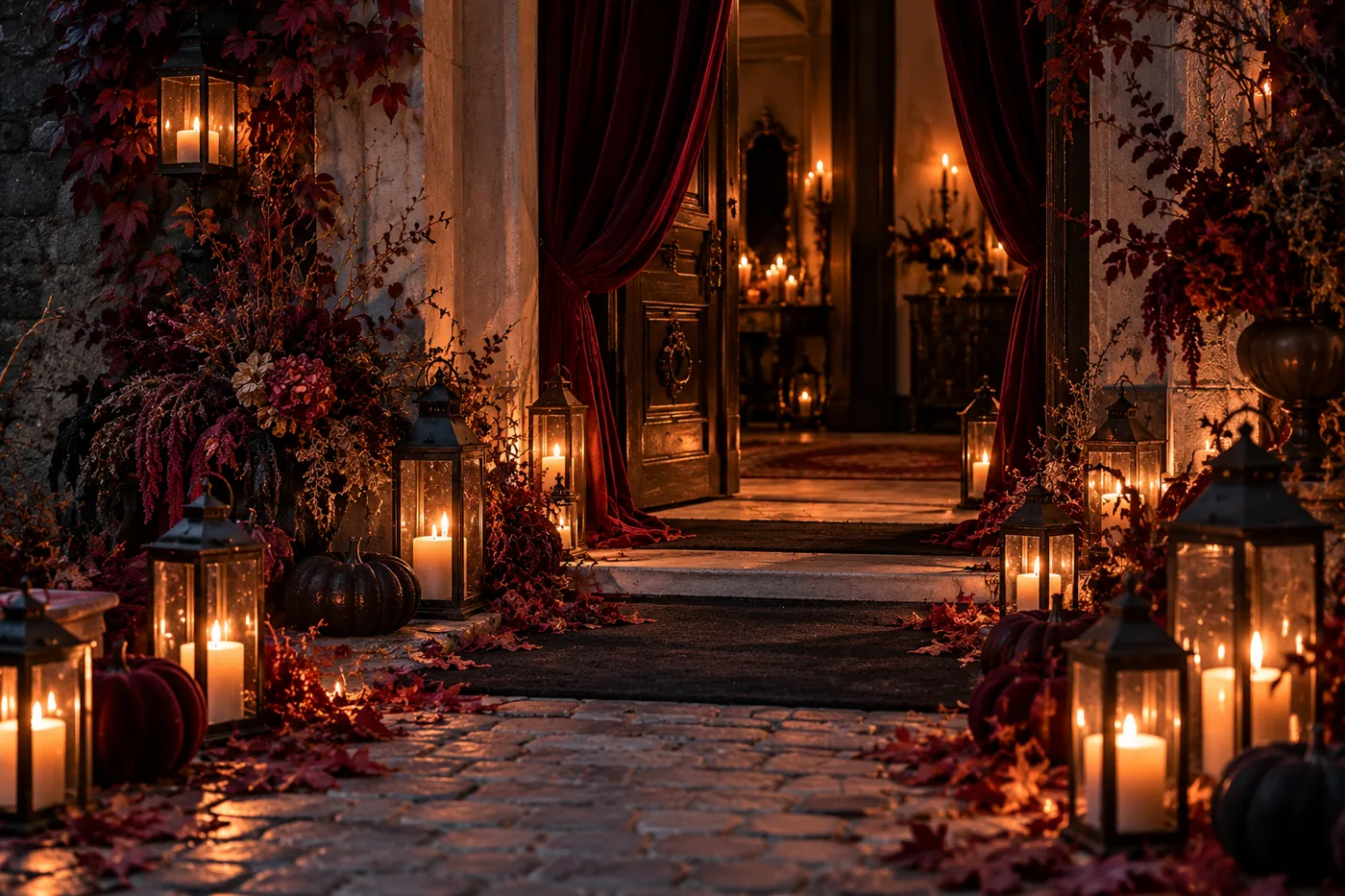 Entrée de soirée Halloween : chemin de lanternes, rideaux de velours rouge et feuillages d'automne devant une porte ancienne