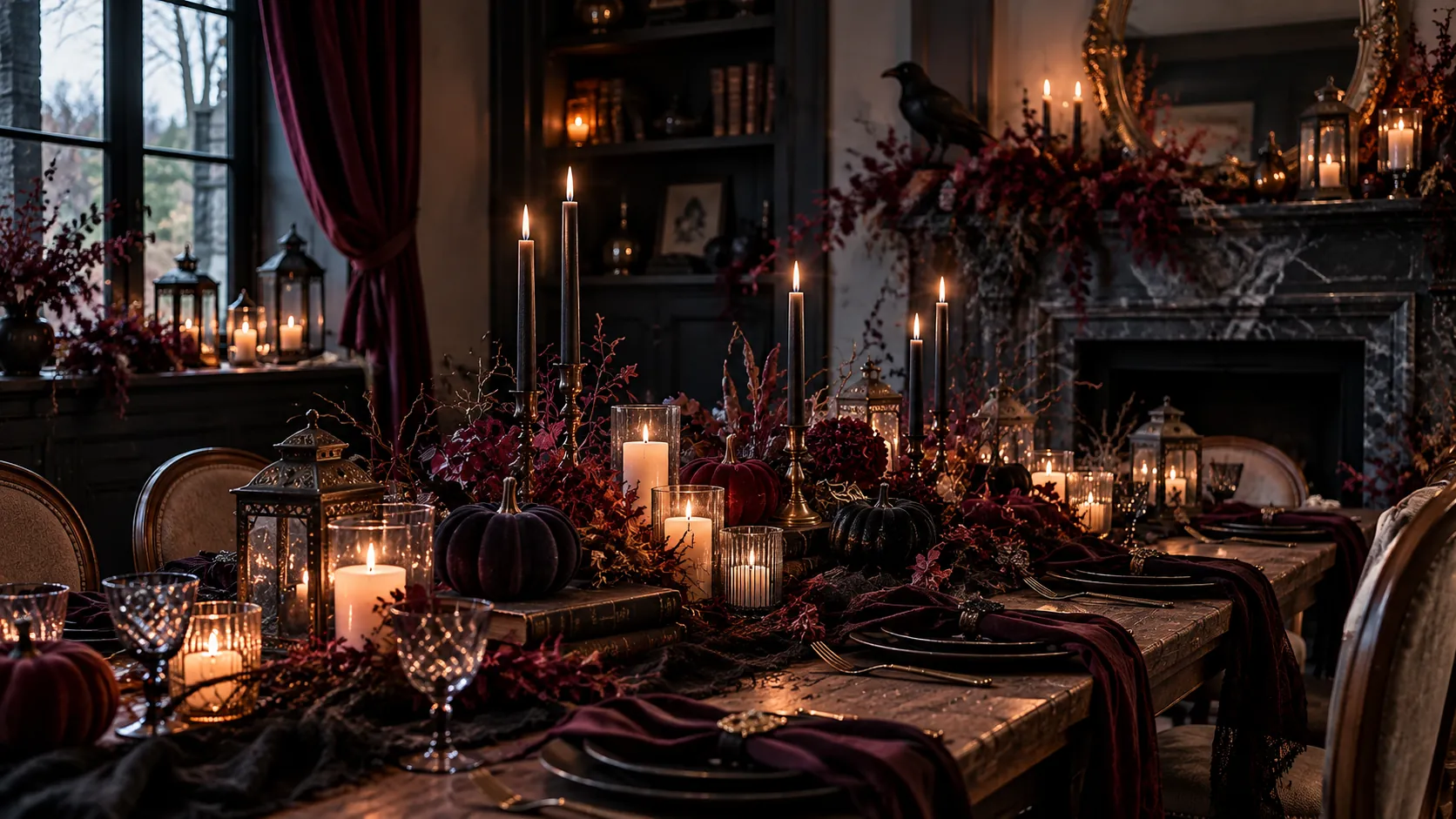 Table de soirée Halloween chic aux chandelles : velours bordeaux, citrouilles sombres, lanternes et vieux livres