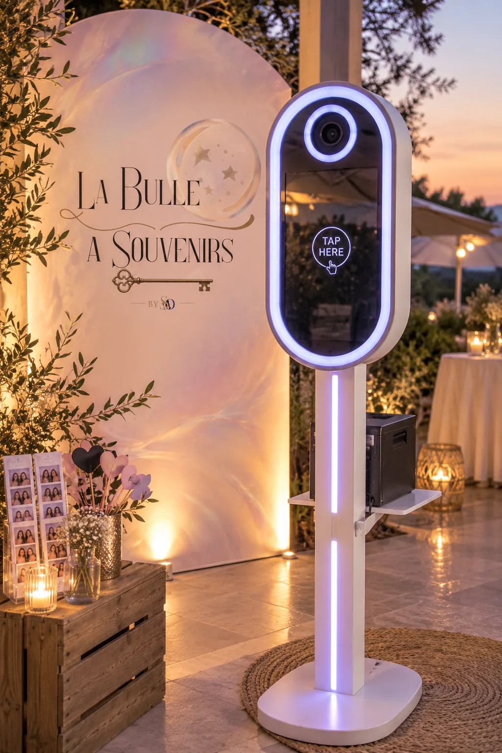 Le photobooth La Bulle à Souvenirs installé au coucher du soleil devant son arche nacrée