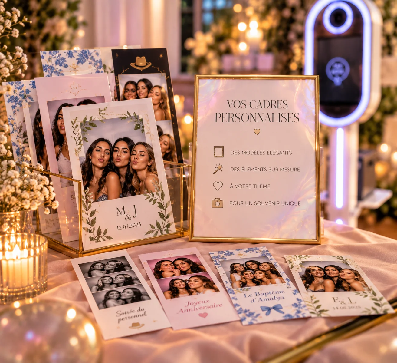 Tirages photobooth avec cadres personnalisés : mariage, anniversaire, baptême, soirée du personnel